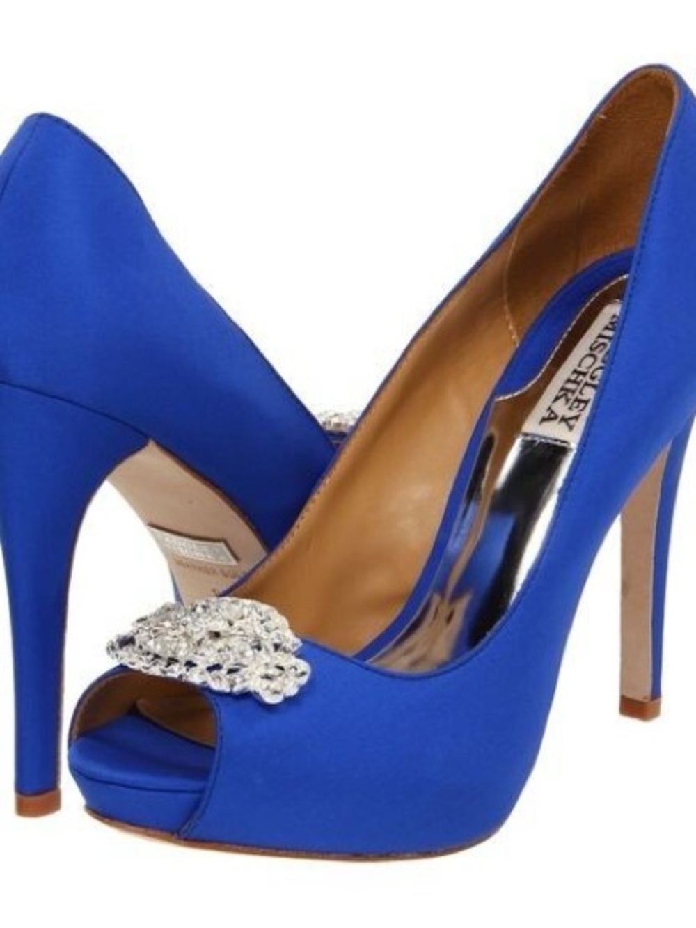 Badgley Mischka Royal Blue Satin Peep-Toe Heels with Crystal Brooch
